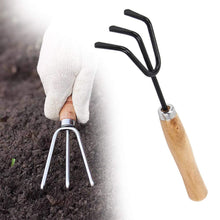 Load image into Gallery viewer, Your Brand Gardening Tools - Reusable Rubber Gloves, Pruners Scissor(Flower Cutter) &amp; Garden Tool Wooden Handle (3pcs-Hand Cultivator, Small Trowel, Garden Fork)

